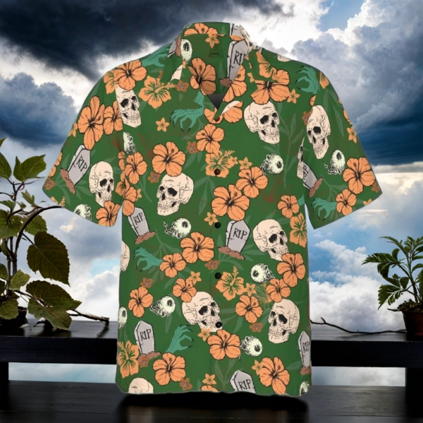 Halloween Button Down Shirt Skeleton Halloween Pattern-green