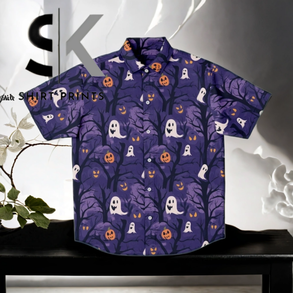 Mens & Womens Halloween Ghosts Spooky Colorful Fun Casual Button Up Shirt, Hawaiian Shirt