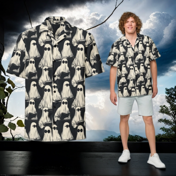 Book Lover Halloween Hawaiian Shirt, Ghost Reading a Book, Quirky Hawaiian Shirt, Funky Hawaiian Shirt, Goth Hawaiian Shirt