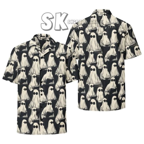 Book Lover Halloween Hawaiian Shirt, Ghost Reading a Book, Quirky Hawaiian Shirt, Funky Hawaiian Shirt, Goth Hawaiian Shirt