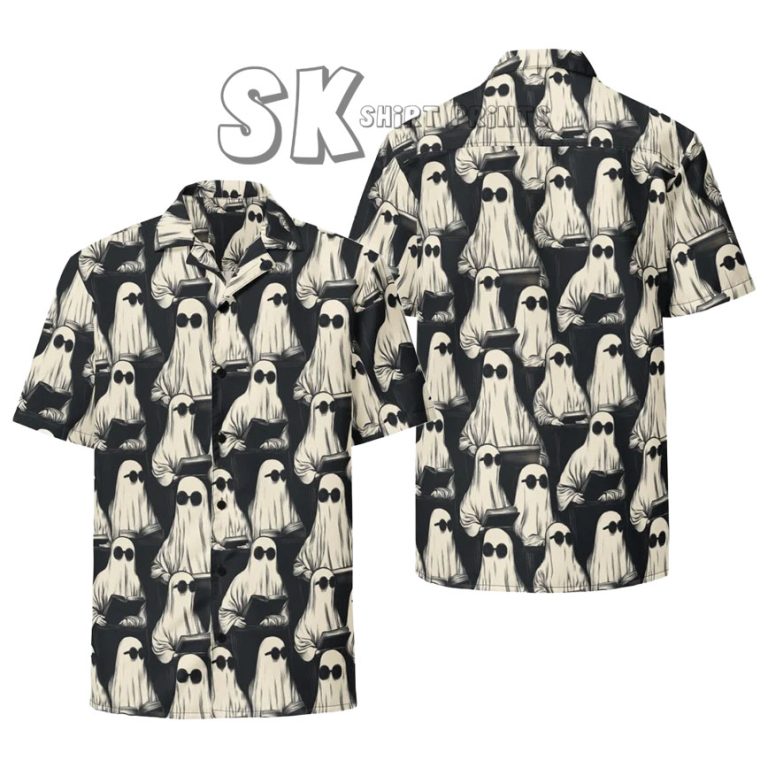 Halloween Hawaiian Shirt Ghost Reading Book – Spooky Bookworm Design