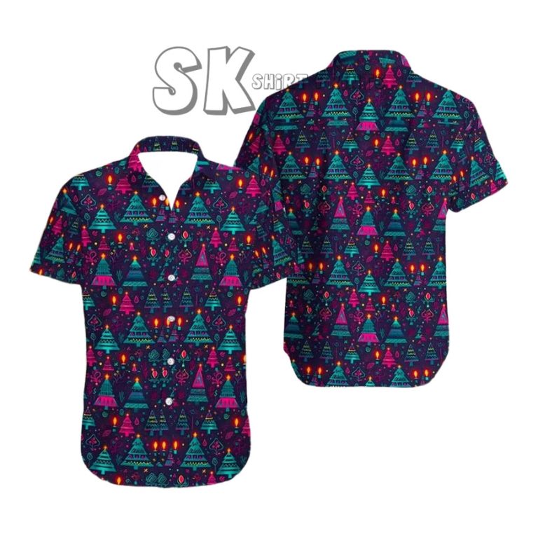 Neon Christmas Tree Hawaiian Shirt – Bright Holiday Party Button Up
