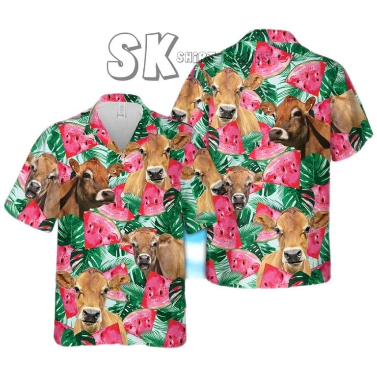 Cow Hawaiian Shirt Custom Photo Watermelon Pink Tropical Aloha Beach Shirt