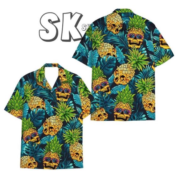 Funny Hawaiian Shirts, Pineapple Skull Hawaiian Shirts for Men Women, Skull Shirt Aloha Summer Beach Shirt Short Sleeve Button Down