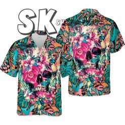 Funny Hawaiian Shirts, Skull Tropical Flower Hawaiian Shirt, Halloween Hawaiian Shirts, Aloha Summer Vacation Hawaiian Shirt