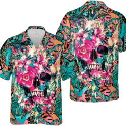 Funny Hawaiian Shirts, Skull Tropical Flower Hawaiian Shirt, Halloween Hawaiian Shirts, Aloha Summer Vacation Hawaiian Shirt