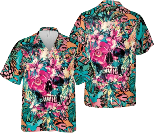 Funny Hawaiian Shirts, Skull Tropical Flower Hawaiian Shirt, Halloween Hawaiian Shirts, Aloha Summer Vacation Hawaiian Shirt