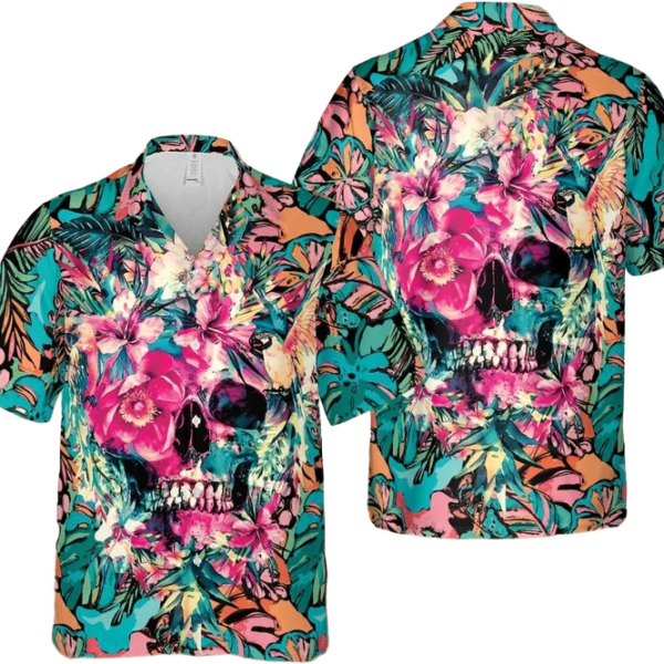 Funny Hawaiian Shirts,  Skull Tropical Flower Hawaiian Shirt, Halloween Hawaiian Shirts, Aloha Summer Vacation Hawaiian Shirt