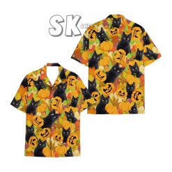 Halloween Black Cat Hawaiian Shirts for Men Women, Down Short Sleeve, Cat Lover Gift Shirt, Tropical Shirts