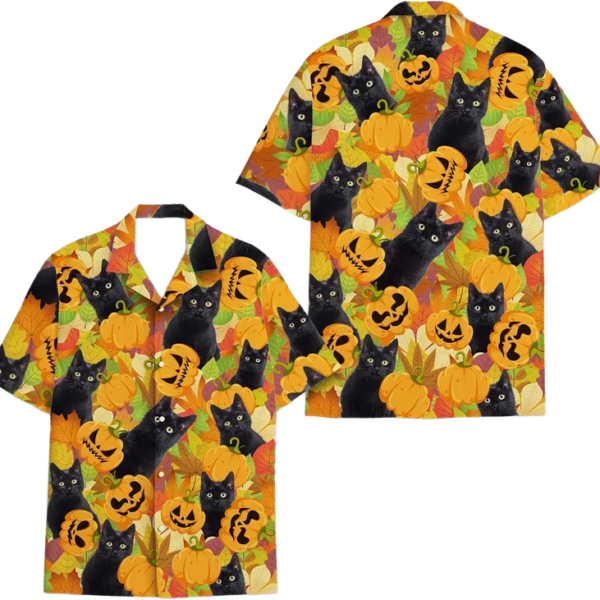 Halloween Black  Cat Hawaiian Shirts for Men Women, Down Short Sleeve, Cat Lover Gift Shirt, Tropical Shirts