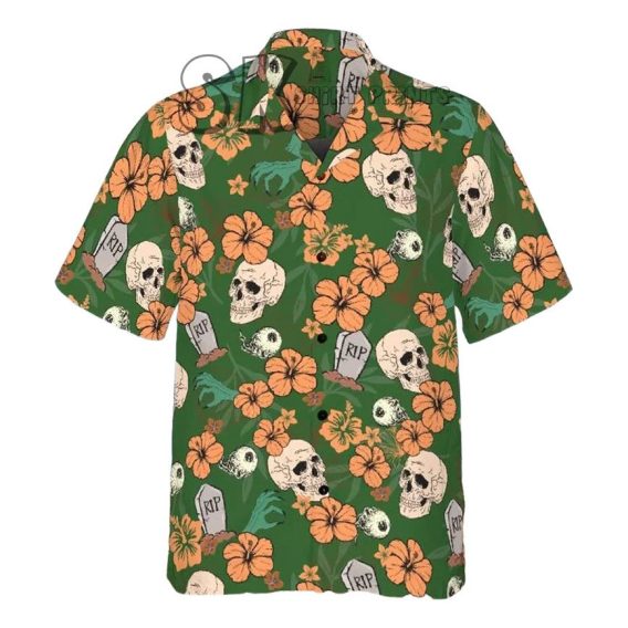 Halloween Button Down Shirt Skeleton Halloween Pattern-green