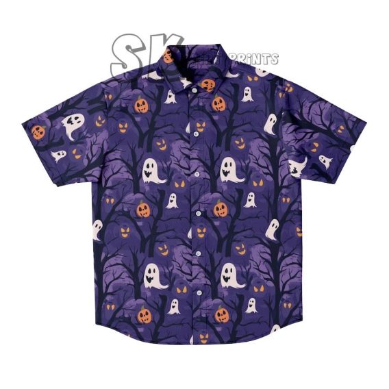 Mens & Womens Halloween Ghosts Spooky Colorful Fun Casual Button Up Shirt, Hawaiian Shirt