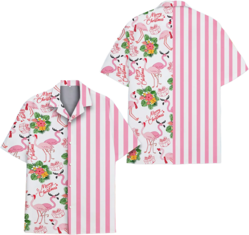 Flamingo hawaiian shirt Men Women, Pink Striped Festive Flamingo Beachwear