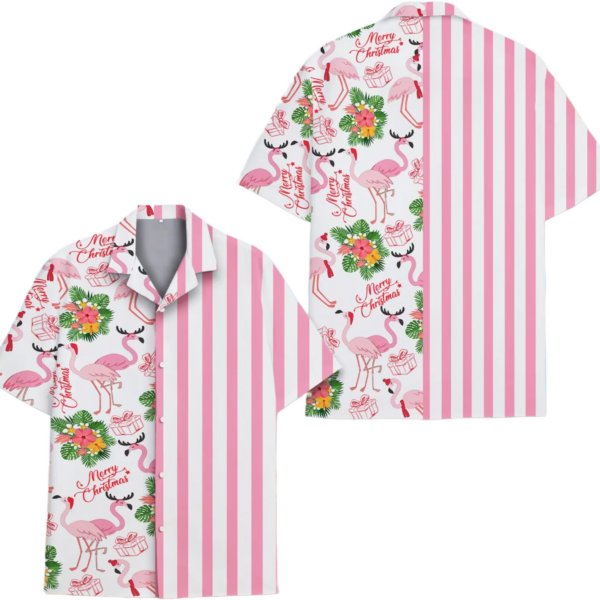 Flamingo hawaiian shirt Men Women, Pink Striped Festive Flamingo Beachwear