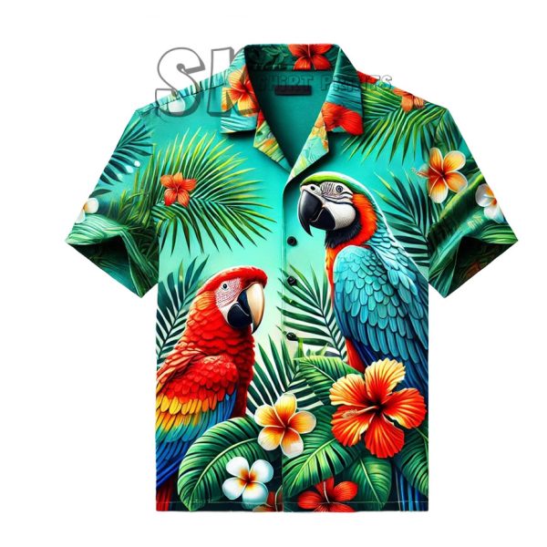 Hawaiian shirt featuring a tropical design with colorful parrots, lush green palm leaves, and exotic flowers like hibiscus