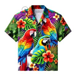 Parrot Hawaiian Shirt With Tropical Design Colorful Parrots And Exotic Hibiscus Flowers