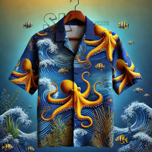 Deep Blue Hawaiian Shirt with Golden Octopus Design – Dynamic Tropical Style, Hawaiian Aloha Shirts Mens