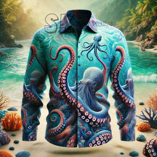 Men’s Octopus Hawaiian Shirt – Long Sleeve, Vibrant Blue Ocean Design