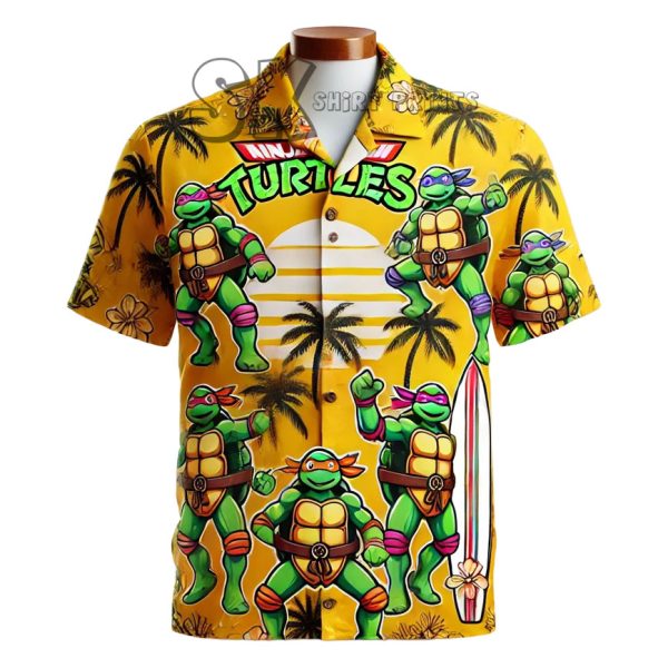 Ninja Turtle Hawaiian Shirt, Mens Tropical Shirts -Themed Hawaiian Shirts for Fans, Yellow Aloha Shirt