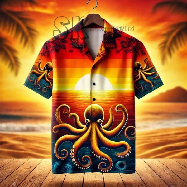 Sunset Gradient Hawaiian Shirt – Orange to Red with Yellow and Blue Octopus Design