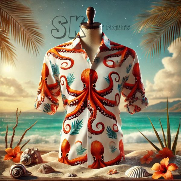 White Hawaiian Shirt with Bright Orange Octopus and Hibiscus Design – Casual Tropical Wear, Mens White Hawaiian Shirt