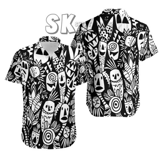 Black and White Hawaiian Shirt with Tribal Face Patterns