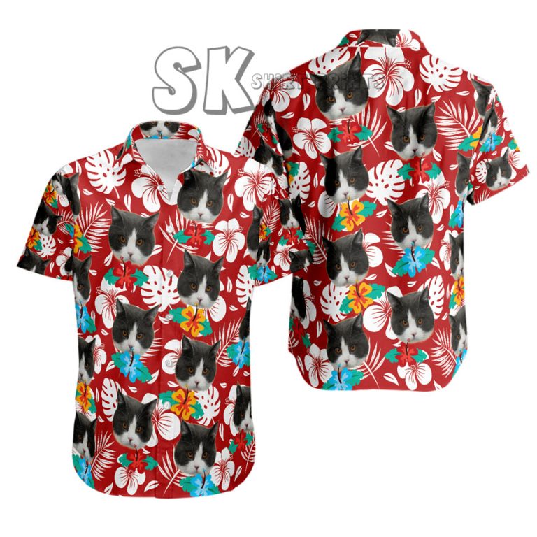 Custom Cat Face Hawaiian Shirt for Men Women, Personalized Pet Photo Red Shirt