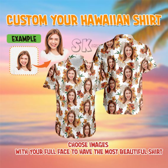 Custom Face Hawaiian Shirts - Tropical Flowers Background Design