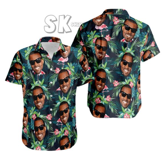 Custom Hawaiian Shirt with Face Men's Tropical Leaves Pink Flowers Design