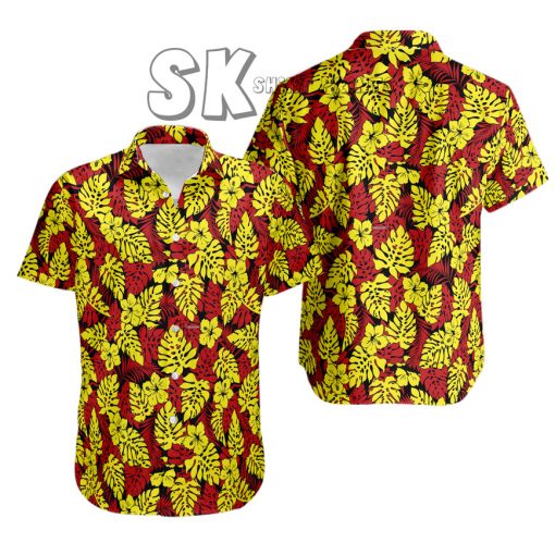 Floral Hawaiian Shirt – Red & Yellow Aloha Style for Summer, Bold Tropical Leaf Pattern