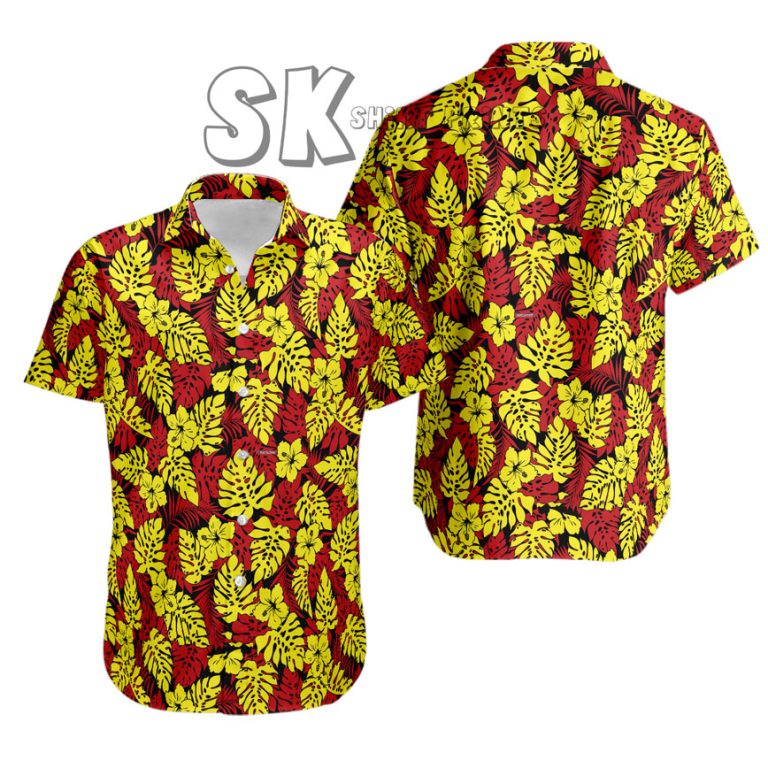 Hawaiian Shirt Floral Pattern Red Yellow Tropical Leaves Custom Photo Print