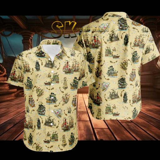 Pirate Ship Themed Hawaiian Shirt – Beige Tropical Vacation Shirt for Men