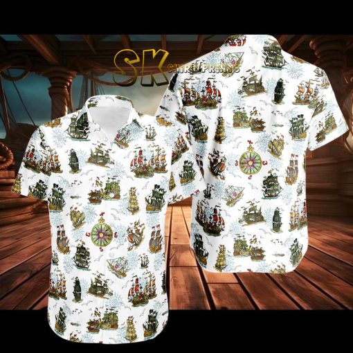 Vintage Pirate Ship Hawaiian Shirt – White Nautical Shirt for Beach & Summer