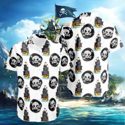 White Pirate Skull Hawaiian Shirt – Men's Tropical Skull & Ship Print Shirt