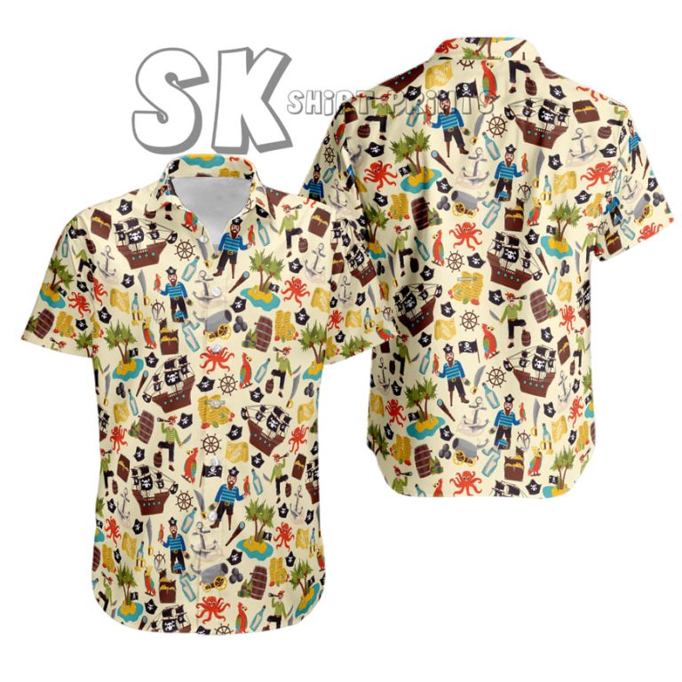 Cartoon Pirate Hawaiian Shirt – Beige Nautical Ships & Octopus Adventure