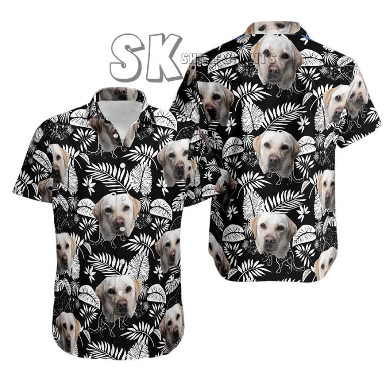 Custom Dog Face Hawaiian Shirt with Black Tropical Print