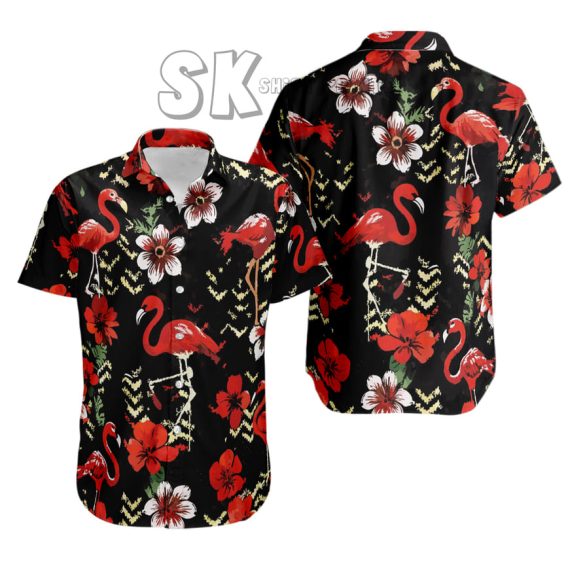 Black Hawaiian Shirt Red Flamingo Design Custom Photo Print Bold Tropical