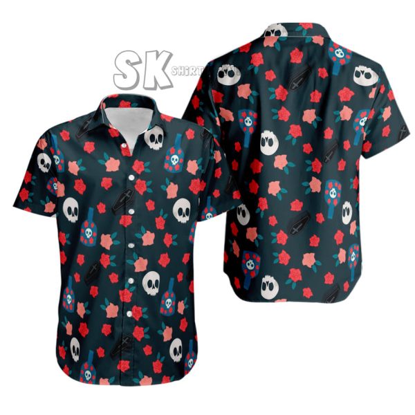 Black Hawaiian Shirt with Skulls & Flowers – Halloween Style, Gothic Skull Hawaiian Shirt