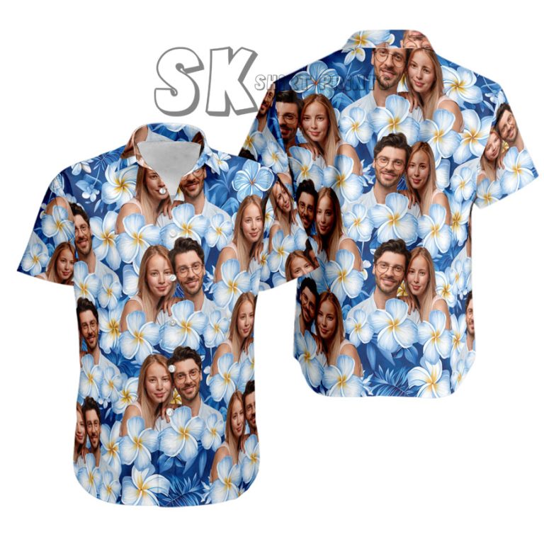 Custom Couple Photo Hawaiian Shirt – Blue Floral Print with Your Faces