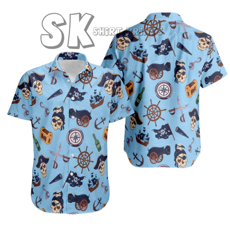 Blue Pirate Skull Hawaiian Shirt for Men with Treasure Map Ship Design