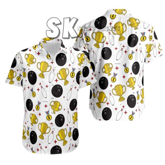 Bowling Hawaiian Shirts - White Bowling Balls & Trophies Print Design