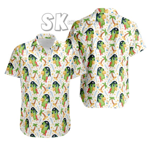 Cartoon Parrot Hawaiian Shirt - Colorful Tropical Birds on White Background