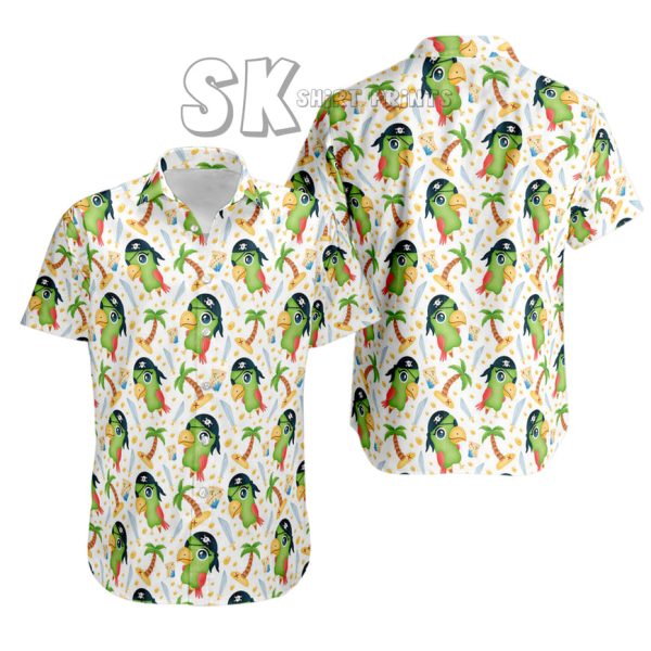 Cartoon Parrot Hawaiian Shirt – Whimsical Tropical Print on White