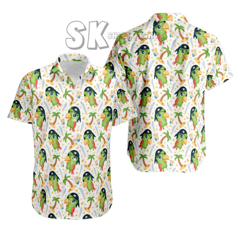 Cartoon Parrot Hawaiian Shirt – Colorful Tropical Birds on White Background