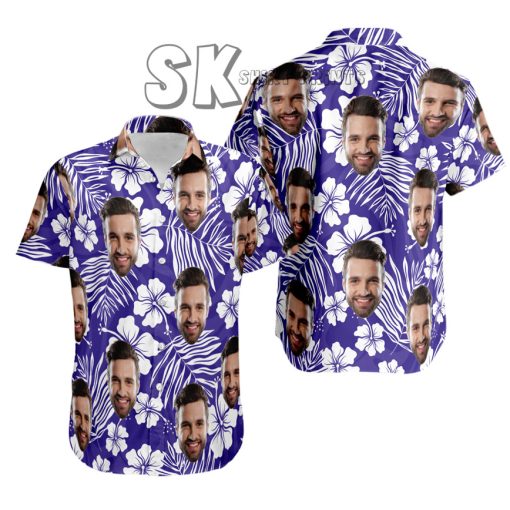 Custom Men's Hawaiian Shirt with Purple Floral Design and Personalized Face Print