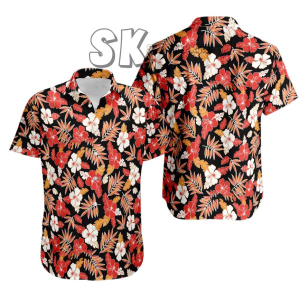 Floral Hawaiian Shirt for Men  Black, Red & White Tropical Print Summer Beach