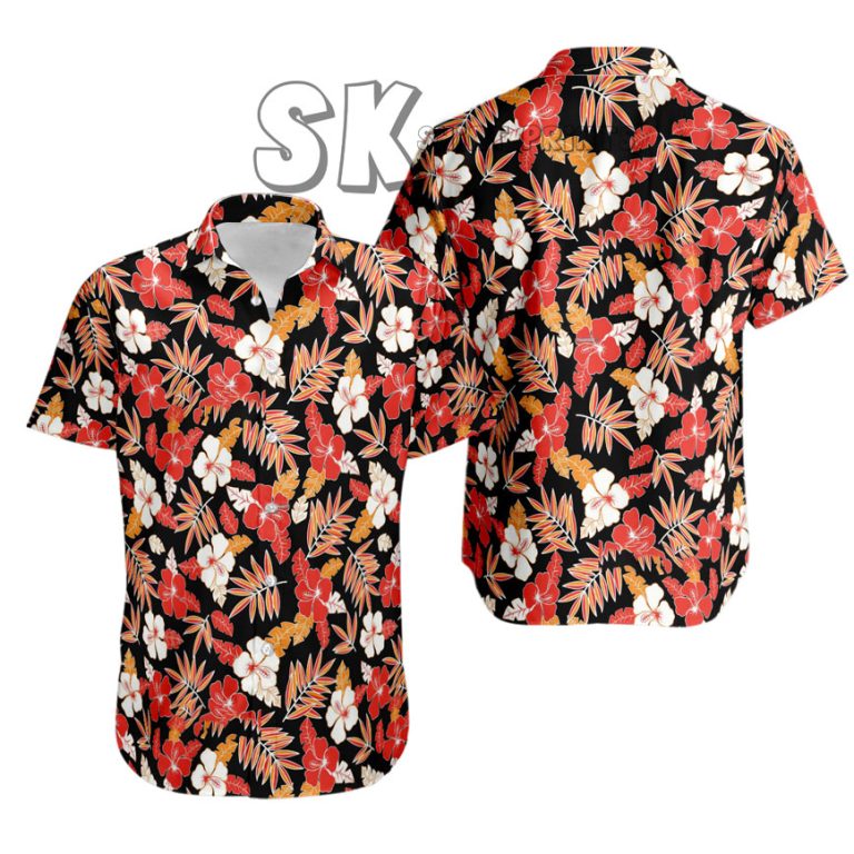 Floral Hawaiian Shirt Men Custom Photo Black Red White Tropical Design
