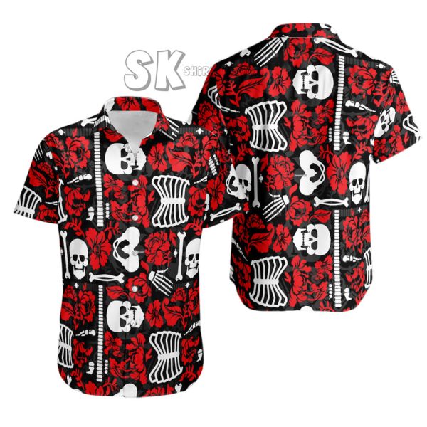 Men Halloween Skeleton Shirt – Spooky Skull & Floral Design