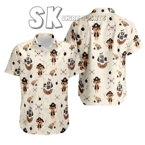 Men's Beige Pirate Hawaiian Shirt – Cute Cartoon Pirate & Ship Design