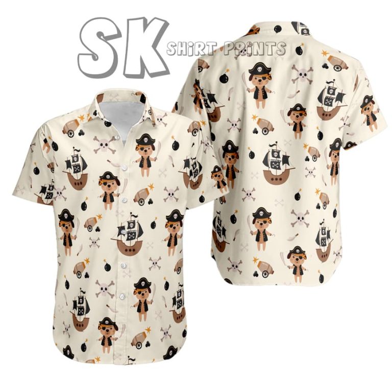 Pirate Hawaiian Shirt — Beige Men’s Cartoon Ship Design Custom Photo